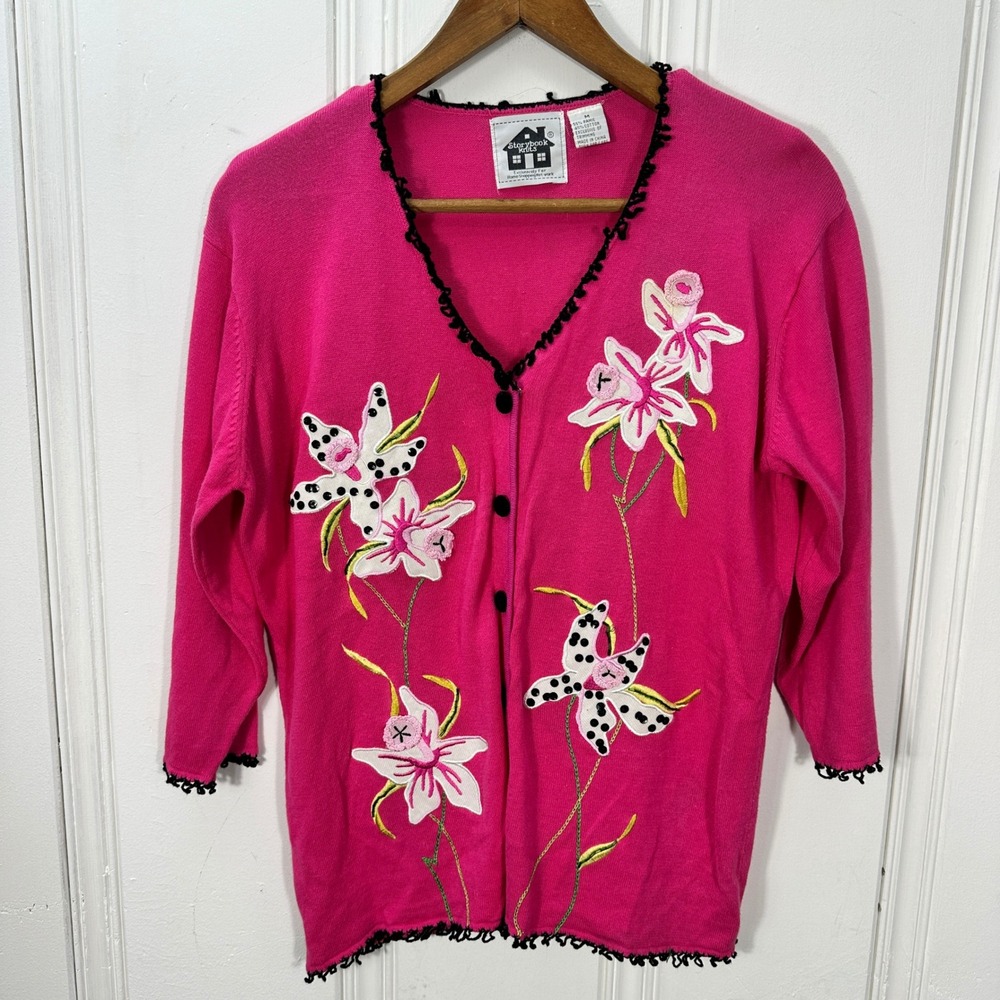 Storybook Knits Cardigan Women Medium Pink Good Floral Embroidered 3/4 Sleeve
